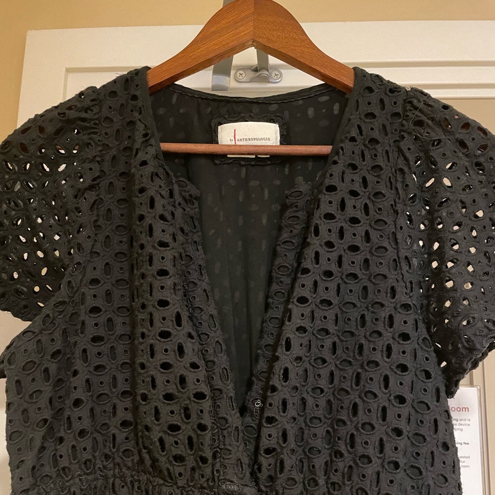 Anthropologie Black Eyelet Short Sleeve Mini Dress - Size Large (8 - 10)